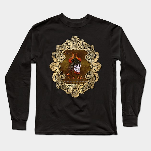 Awesome viking skull with helmet, viking ship and flame Long Sleeve T-Shirt by Nicky2342